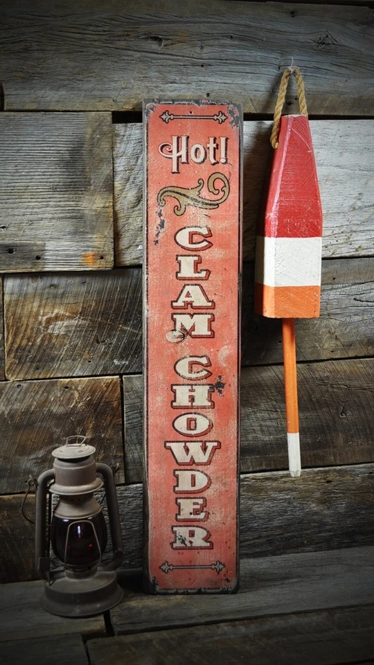 Hot Clam Chowder Sign - Rustic Hand Made Vintage Wooden Sign - Image 1 of 1