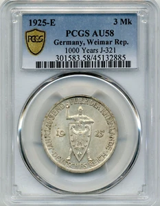 1925-E 3 Reichsmarks Germany - Weimar Rep. Rhineland 1000 Years - PCGS AU58 - Picture 1 of 3