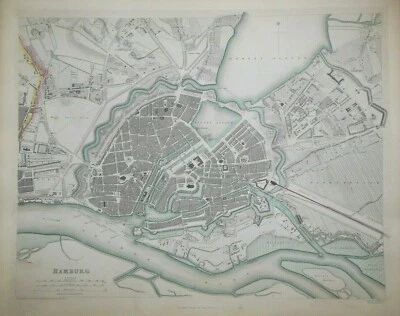 Mapa de la ciudad de Hamburgo raro (1853) Alemania alemana, geografía victoriana George Cox SDUK Foto 1 de 4