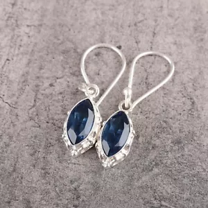 Natural London Topaz Gemstone Drop/Dangle Blue Earrings 925 Sterling Silver - Picture 1 of 8