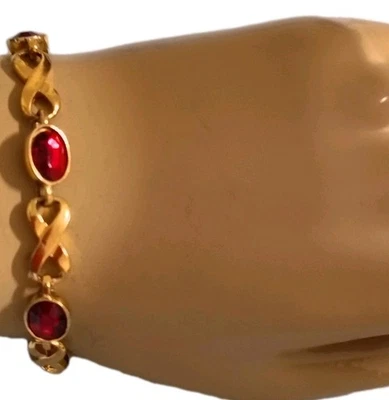 Vtg Avon Gold-Tone/ Ruby Red Rhinestones Infinity Bracelet Size 7" - Image 1 of 4