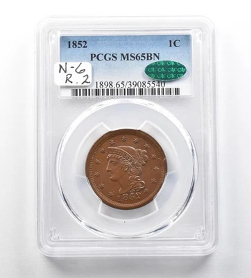 1852 Braided Hair Large Cent MS65 BN PCGS CAC N-6 R2 *3481 - Image 1 of 3