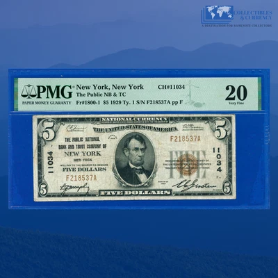 1929 $5 Public National Bank Trust Company New York, NY, Charter #11034, PMG 20 - Image 1 of 3