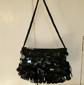 Black Satin Sequin and Beads Evening Bag With Beaded Strap - Picture 1 of 4