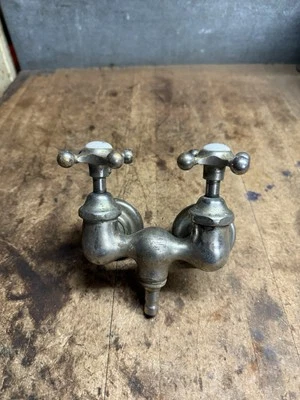 Vintage Old Farmhouse Hot Cold Faucet Spout Claw Foot Bathtub Bath Tub Brass USA - Image 1 of 4