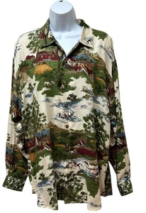 Vintage 90s Farmhouse Novelty Print Shirt Rayon Boxy Country Horse Sheep Ducks L - Picture 1 of 8