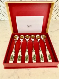 MIB SPODE Christmas Tree Teaspoon Set of 6 Porcelain Stainless for Desserts 6" - Picture 1 of 5