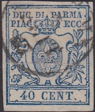 *16-490 Ducato di Parma III em. c.40 azzurro zero stretto (11b) usato originale
