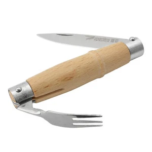 Taschenmesser Edelstahlklinge Gabel Kapselheber Buchenholzgriff Outdoor Camping - Bild 1 von 5
