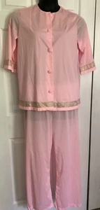Vtg Pink Nylon 2 Piece Pajama Pant & Top Set 36 12 Sans Souci Sparkly Lace Trim - Picture 1 of 6