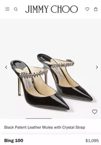 Jimmy Choo Bing 100 mm Black Patent Leather Crystal Strap Embellished Mule - Picture 1 of 10