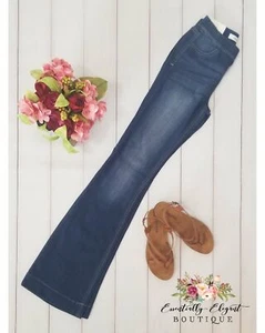 RESTOCKED!!! Cello Mid Rise Pull On Deluxe Comfort Flare Jeans - Dark Denim - Picture 1 of 6