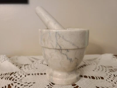 Vtg Marble Footed Mortar & Pestle Herb Pill Grinder In Beige Brown & Gray Tones - Изображение 1 из 4