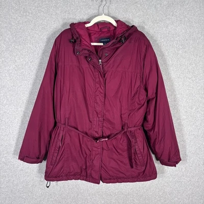 Lands End Parka Jacket Large Burgundy Packable Hooded Belted Warm Winter NO FUR - Image 1 of 4