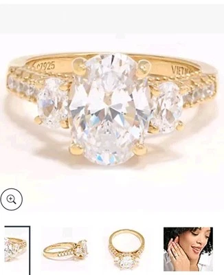 Anillo Diamonique Chapado en Oro 14k Plata de Ley .925 3 Piedras Circonita cúbica Corte Ovalado Talla 8 Foto 1 de 4