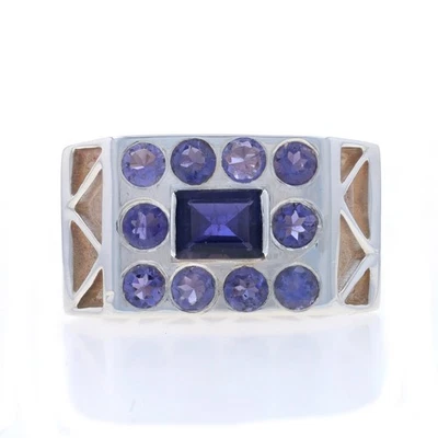 Anello In Argento Sterling Con Iolite - 925 Smeraldo E Taglio Rotondo - Immagine 1 di 4