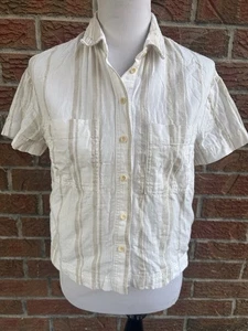 Madewell White Beige Linen Striped Pocket Cropped Button Down Shirt Top Size XXS - Picture 1 of 6
