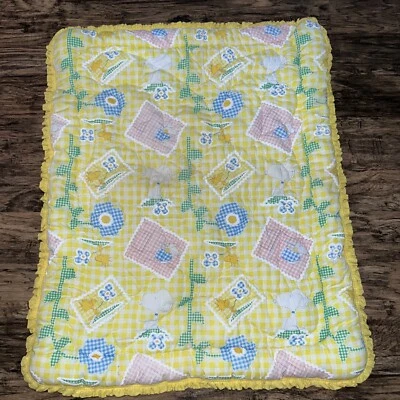 Vintage Snoopy Woodstock Baby Blanket Quilt Yellow Gingham Blue Pink 36x44.5” - Image 1 of 4