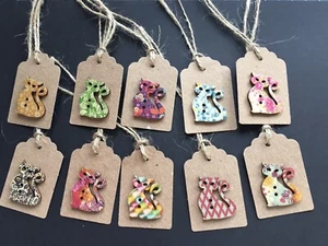 10 Cute Kraft Mixed Wooden Button Novelty Unique Cute Cats Tags With Jute Ties2 - Picture 1 of 1