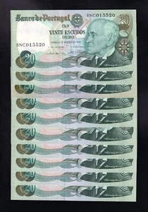 F.C. PORTUGAL , LOTE 10 UNIDADES 20 ESCUDOS 1978 , S/C- ( AUNC )  , P.176b . - Imagen 1 de 2