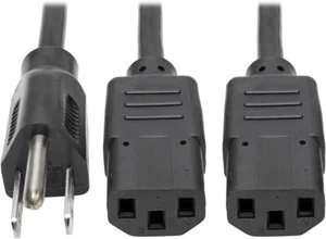 PWR+ Power Cord Y Splitter Cable (NEMA 5-15P to 2x C13) 6-ft, 125V, 10A, Black - Picture 1 of 4