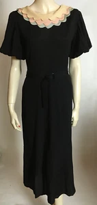 1930s True Vintage Black Novelty Scallop Neckline Puff Sleeves Dress w Belt S - Picture 1 of 17