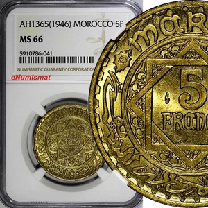 Morocco Mohammed V AH1365 (1946) 5 Francs NGC MS66 GEM BU Y# 43 (041) - Picture 1 of 4