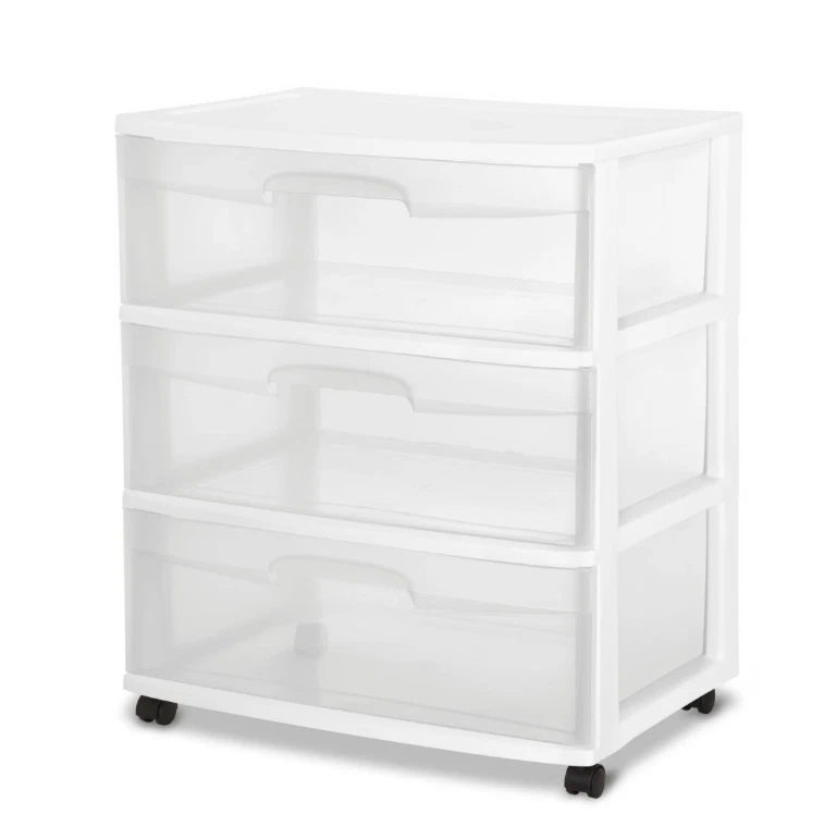 Sterilite 3-Drawer Wide Cart – White Plastic Storage Organizer for Home/Office