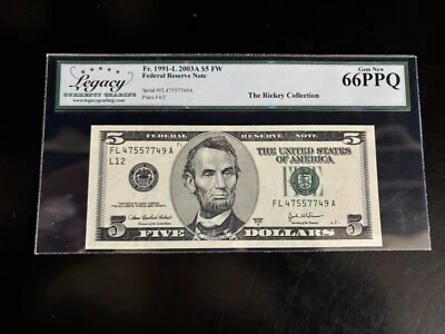 DBR 2003-A $5 FRN San Francisco Gem Fr. 1991-L Legacy 66 PPQ Serial FL47557749A - Image 1 of 2