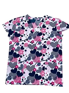 Womens Fashion Medical Nursing Scrub Print Tops Strip Circle Dot Heart Flower M - Picture 1 of 2