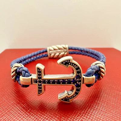 DAVID YURMAN STERLING SILVER SAPPHIRE BRAIDED LEATHER ANCHOR STATION  BRACELET - image 1 of 4