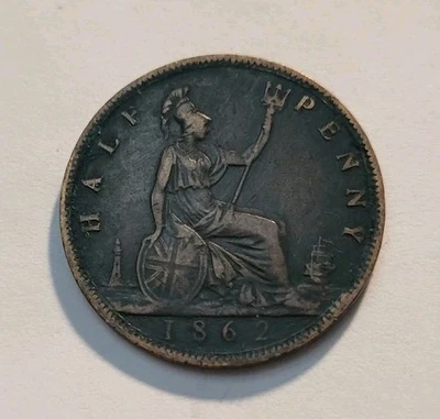 Moeda de meio centavo da Grã-Bretanha 1862 Queen Victoria World - Imagem 1 de 2
