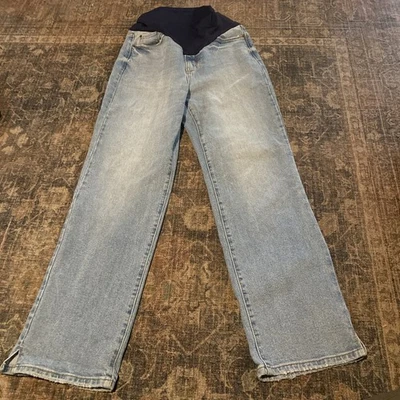 Jeans elástico PinkBlush feminino lavagem leve perna larga azul maternidade tamanho 28 - Imagem 1 de 4