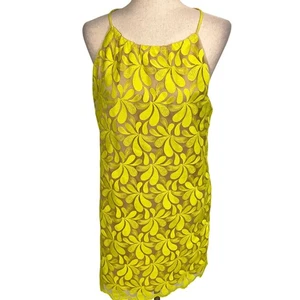 Trina Turk Dress Women 2 Yellow Floral Mesh Sheer Sleeveless Party Cocktail Mini - Picture 1 of 11