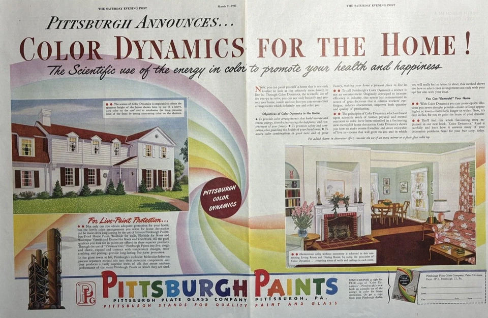 1945 Pittsburgh Paints Color Dynamics for home Scientific way VTG Print Ad - Image 1 of 1