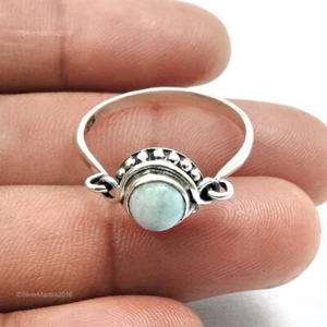 Solid Sterling Silver Round Larimar Gemstone Bezel Wedding Gift Cocktail Ring - Picture 1 of 8