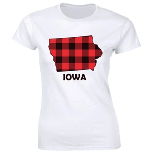 Iowa Red Plaid State Map T-Shirt for Women Home Pride Christmas Gift Tee Shirt - Picture 1 of 2