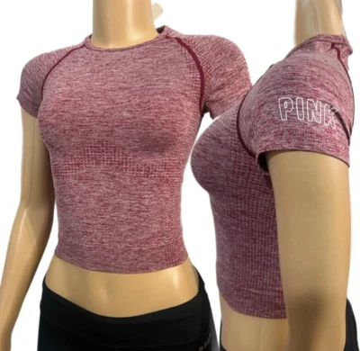 Top Victorias Secret ROSA Deportivo Sin Costuras Cuello Redondo Manga Corta Granate jaspeado XS Foto 1 de 3