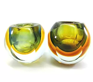2 x Mid Century Modern Sommerso Geode Vase Art Glass Cased Glass Orange Faceted - Picture 1 of 12