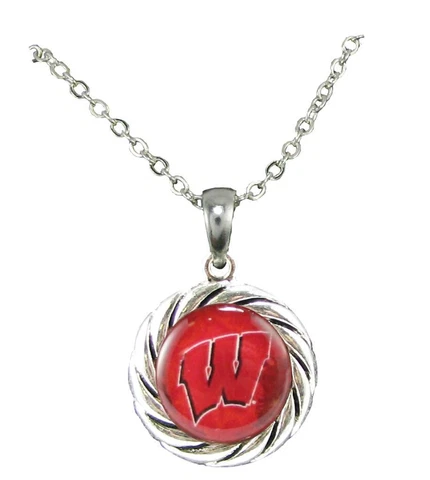 Wisconsin Badgers Red Domed Circle Silver Chain Necklace Jewelry NCAA Gift UW Cover