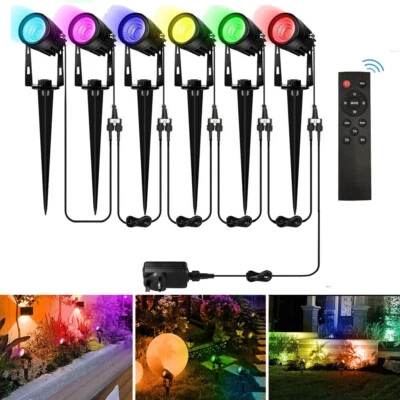 4/6x RGB Garden Spike Lights Mains Powered LED Color Changing Outdoor Spotlights - Image 1 of 4