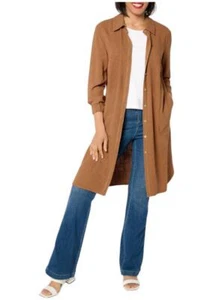 Susan Graver PURE Linen Blend Button Front Duster Toffee - Picture 1 of 1