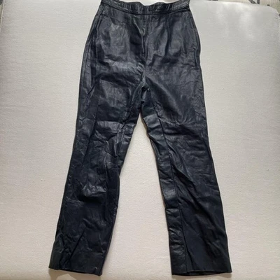 Calça de couro genuíno vintage feminina azul marinho 25x26" forrada com zíper lateral cintura média - Imagem 1 de 4