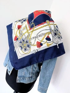 Vintage Womens Nautical Retro Red Square Neck Scarf Rope Tassel Silk - Picture 1 of 8