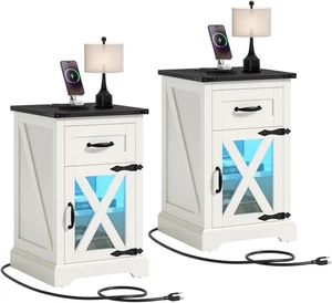 Mesita de noche con estación de carga, mesa auxiliar de granja con luces LED, blanco - Imagen 1 de 21