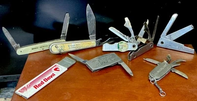 Vintage Lot of 8 Advertising Pocket Knives, Money Clip, Bottle Opener, File, GM. - Image 1 of 4