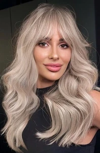 Ash Blonde Wig With Bangs - Ombre Synthetic Hair Light Blonde Wavy Wig for Wo... - Picture 1 of 7