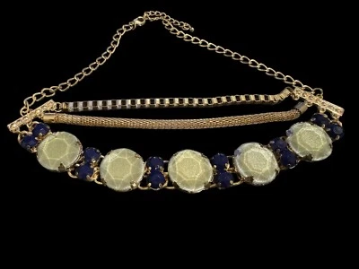 Multi Chain Statement 22" Necklace Good Tone Blue & Sparkle Green Rhinestones P8 - Image 1 of 4