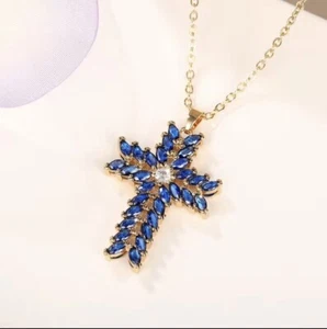 Gold Deep Blue Religious Necklace With Chain - Picture 1 of 2