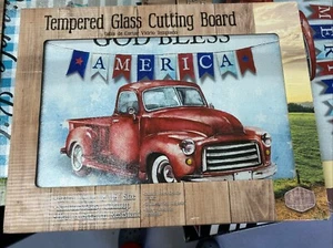 Tempered Glass Cutting Board, 12 by 16 Inches, God Bless America Red Truck - Picture 1 of 2
